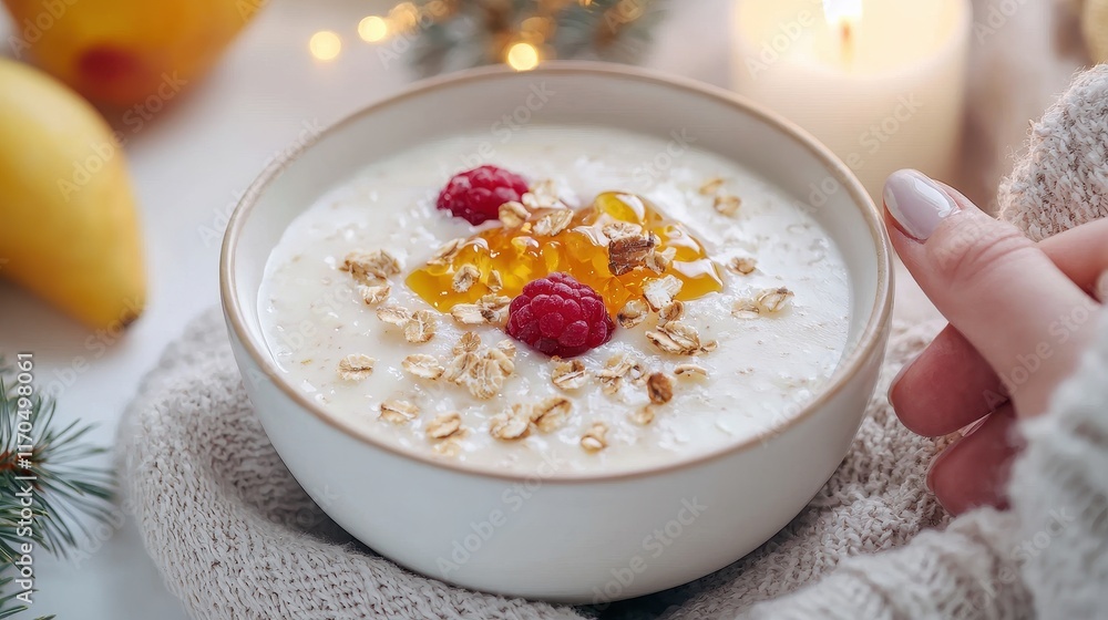 Bowl of Ambrosia Topped with Golden Honey and Fresh Raspberries Surrounded by Cozy Winter Elements Bowl of Ambrosia Topped with Golden Honey and Fresh Raspberries Surrounded by Cozy Winter Elements