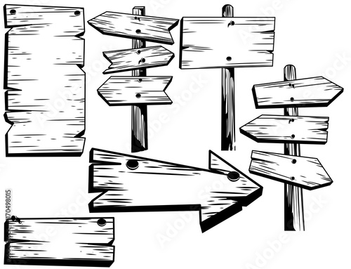 Sketch set of wooden signposts and signboards. Hand drawn vector illustration. Isolated on white background.
