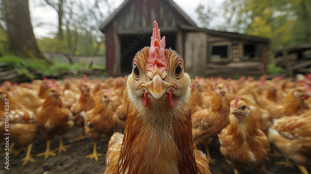 Fototapeta premium Chickens in farm setting with rustic barn in background