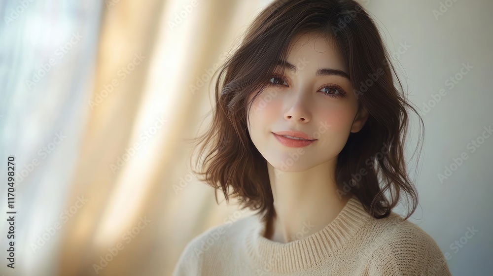 Smiling Middle-Aged Woman in Beige Sweater Indoor Portrait Natural Light Beauty Image Smiling Middle-Aged Woman in Beige Sweater Indoor Portrait Natural Light Beauty Image
