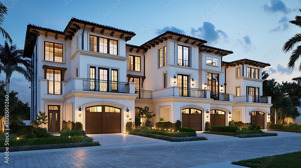 Luxury Home Front Radiates Warmth and Elegance During Dusk Luxury Home Front Radiates Warmth and Elegance During Dusk