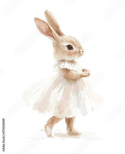 Cute bunny in a white dress walking gracefully, showcasing charm and innocence in a whimsical setting