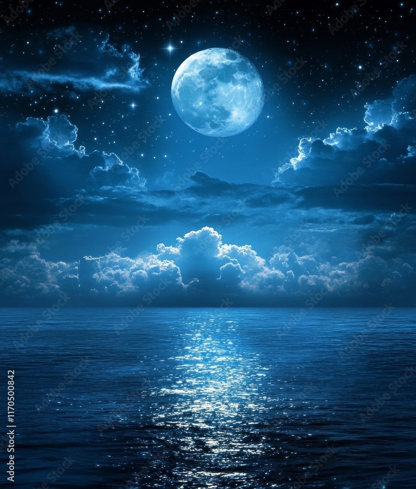 Fototapeta premium Nightscape Full Moon over Calm Ocean, Starry Sky, Clouds, Night Photography, Seascape Night photography, Seascape