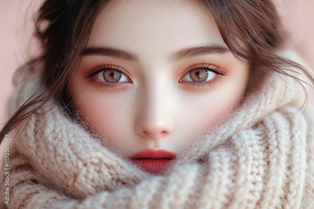 Beautiful Woman with a Muffler in a Cozy Chunky Knit Sweater in Soft Natural Light Beautiful Woman with a Muffler in a Cozy Chunky Knit Sweater in Soft Natural Light