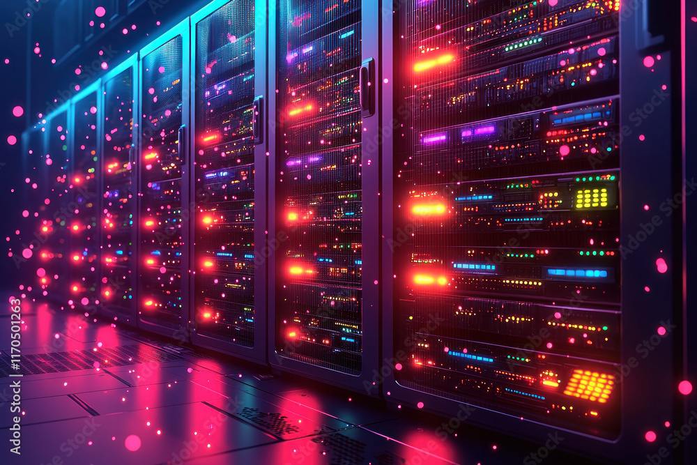 Futuristic server room with glowing lights and data. Futuristic server room with glowing lights and data.