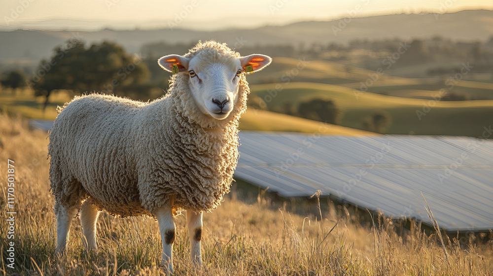 Sheep grazing contentedly near solar panel installation in sunny field Sheep grazing contentedly near solar panel installation in sunny field