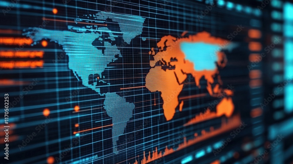 Abstract digital world map with vibrant blue and orange colors, representing global connectivity and technology. Abstract digital world map with vibrant blue and orange colors, representing global connectivity and technology.