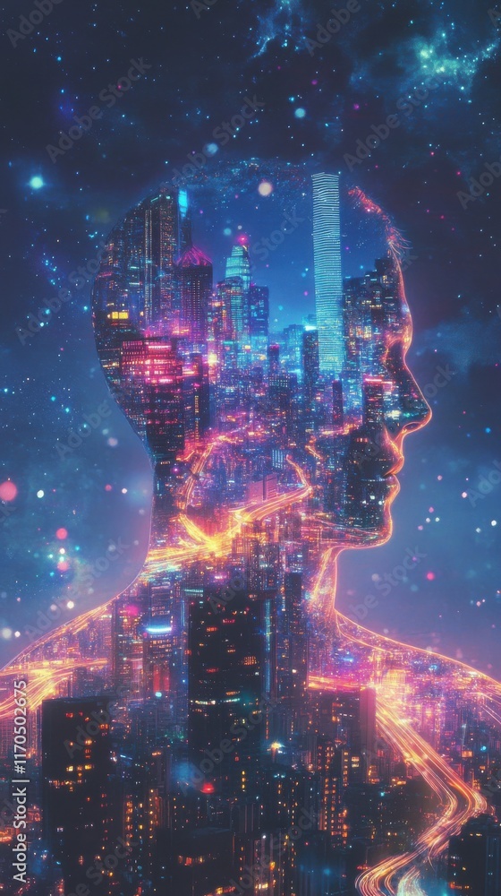 Obraz premium Surreal silhouette of a man blended with a vibrant cityscape in a cosmic atmosphere