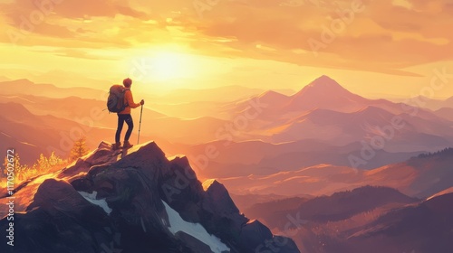 Solo hiker stands atop a mountain summit at sunset, experiencing a moment of triumph and connection with nature