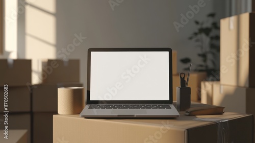 Wallpaper Mural Sleek laptop sits on a cardboard box with a blank screen in a sunlit room filled with moving boxes Torontodigital.ca