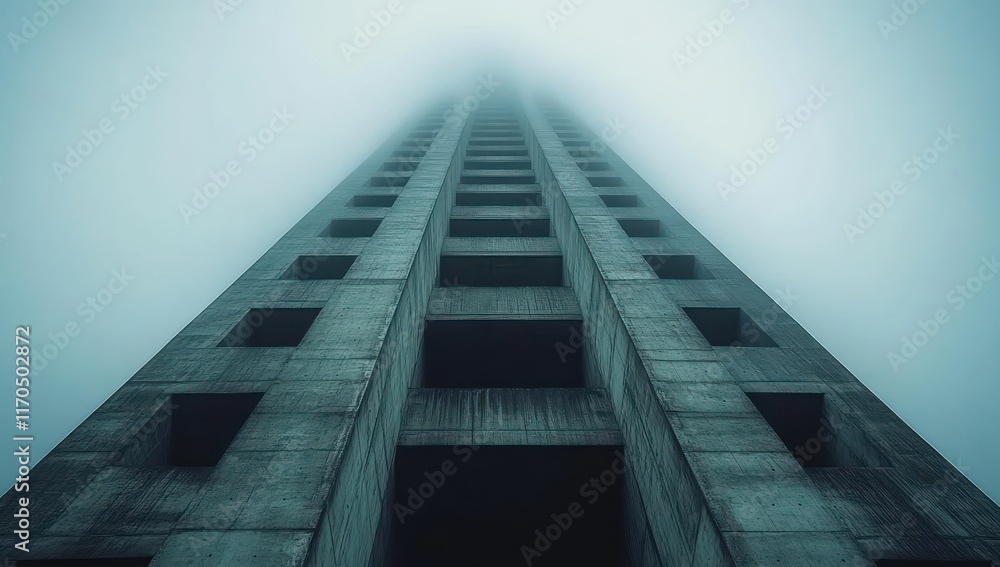 Fototapeta premium Brutalist Skyscraper in Misty Urban Landscape