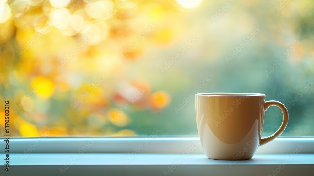 Obraz premium Morning coffee on a windowsill overlooking a blurred country landscape warm and inviting atmosphere