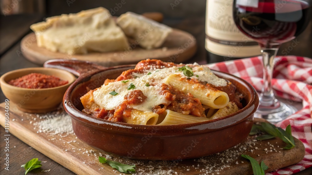 Delight in a warm serving of baked ziti, perfectly paired with red wine and rustic bread on a cozy dining table Delight in a warm serving of baked ziti, perfectly paired with red wine and rustic bread on a cozy dining table