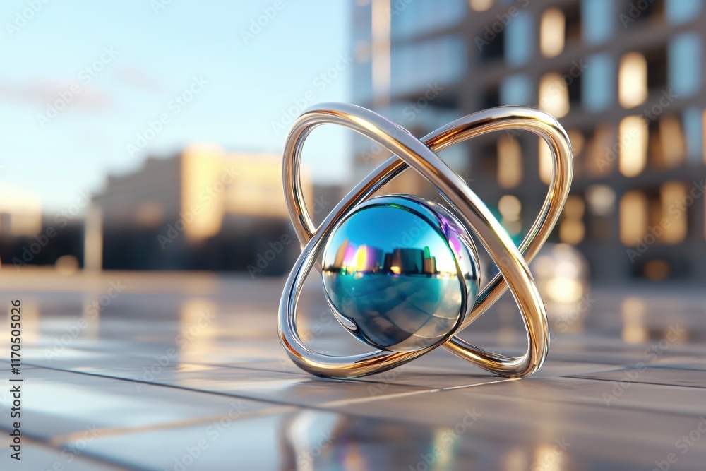 Reflective Sphere with Metallic Rings in Urban Setting During Golden Hour