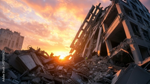 The Concept of Earthquake Warnings in Natural Disasters. A dramatic sunset casts light on a collapsed building, highlighting the devastation of an earthquake or explosion amidst rubble and chaos.
