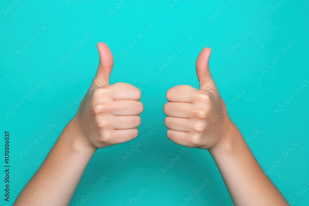 Two hands giving a thumbs up against a vibrant turquoise background, symbolizing approval and positivity. Two hands giving a thumbs up against a vibrant turquoise background, symbolizing approval and positivity.