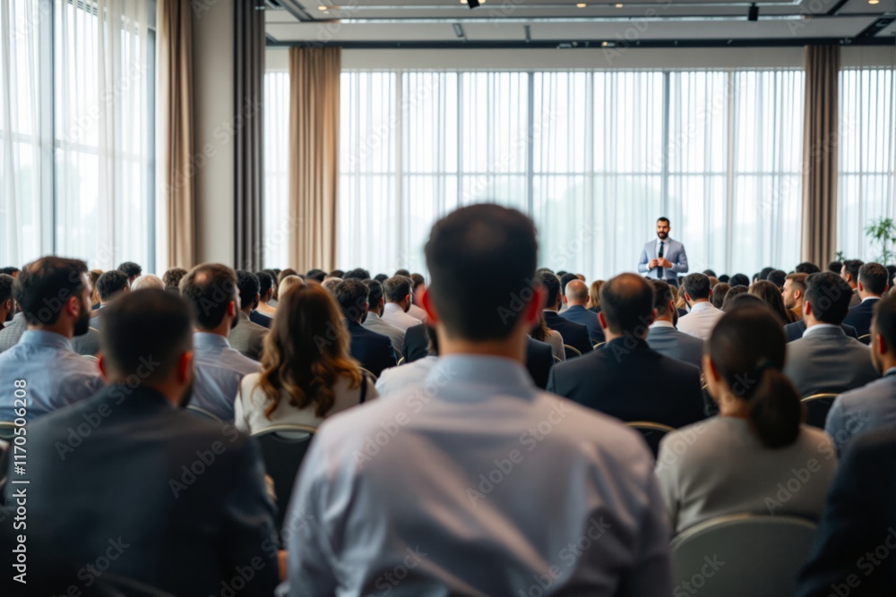 Obraz premium Professional audience seated in rows, attentively listening to a speaker in a modern conference hall with natural light and curtains, concept of business. Ai generative