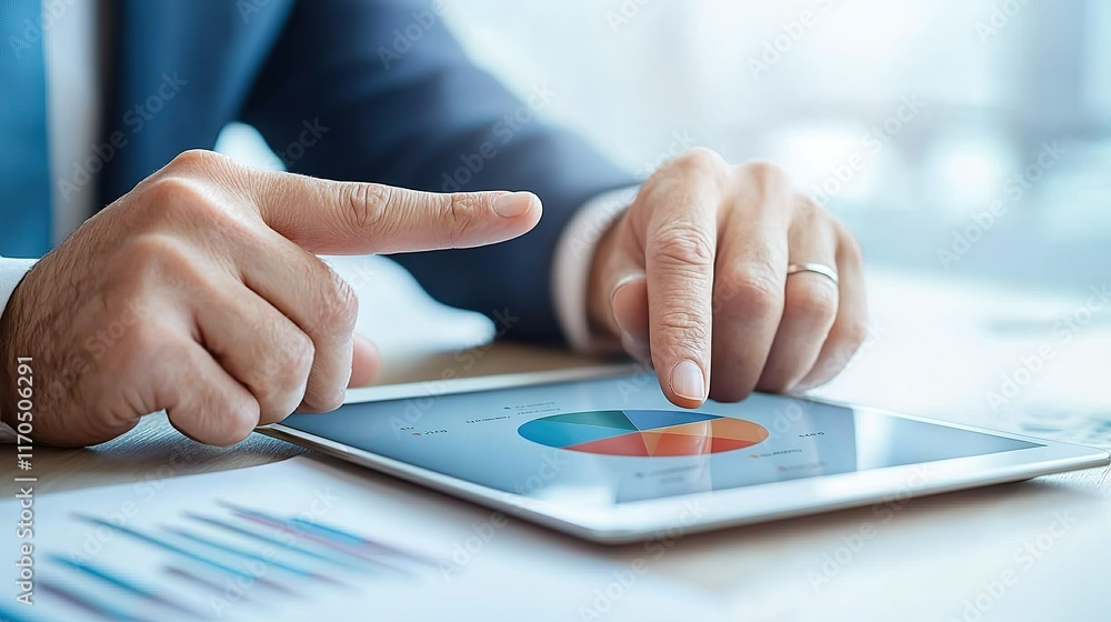 A business professional analyzes data on a tablet, highlighting insights through interactive charts and graphs. A business professional analyzes data on a tablet, highlighting insights through interactive charts and graphs.