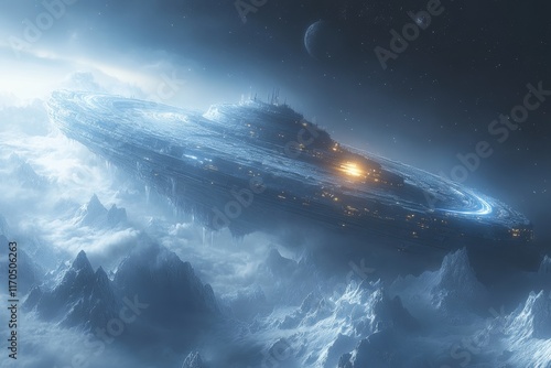 Fototapeta Naklejka Na Ścianę i Meble -  A space station orbiting a glowing blue gas giant surrounded by icy rings. Generative AI