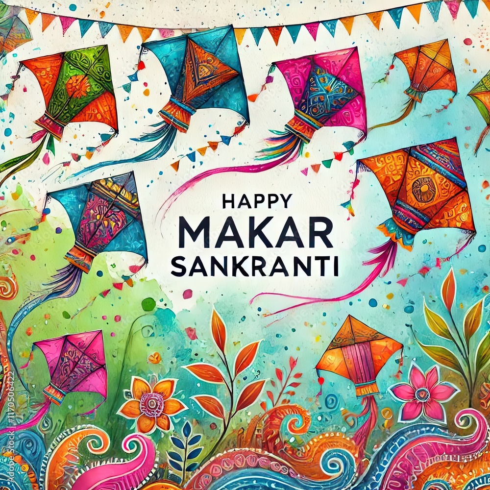 Fototapeta premium Colorful Flying Kites Celebrating Makar Sankranti Festival, Symbolizing Joy and Tradition 