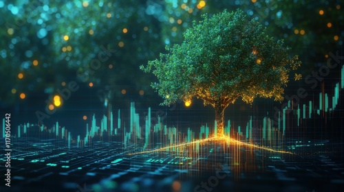 Glowing depiction of financial stability symbolized by a vibrant tree and dynamic data trends