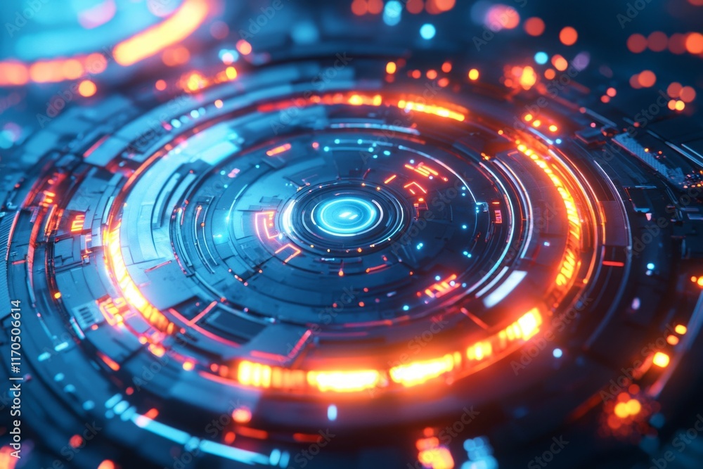 A cyberpunk, abstract, futuristic circular sci-fi design with glowing elements and data points. A cyberpunk, abstract, futuristic circular sci-fi design with glowing elements and data points.
