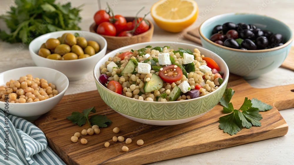 Colorful barley salad beautifully arranged on a wooden cutting board with fresh ingredients and vibrant toppings Colorful barley salad beautifully arranged on a wooden cutting board with fresh ingredients and vibrant toppings