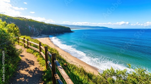 Scenic Coastal Pathway with Vibrant Ocean View and Lush Green Landscape in Bright Sunshine photo