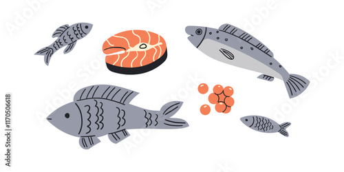 Foods for diet and healthy eating. Fishes , Salmon stake and red caviar . Isolated on a white background. Flat hand drawn illustration for web , social media or banner design .