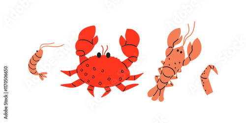Marine lobster , crabs, shrimps . Ocean life and sea creatures, animals . Flat vector hand drawn illustration for web design , card restaurants and web design .