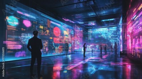 Futuristic art gallery showcasing immersive digital installations and vibrant visuals with visitors engaging in exploration