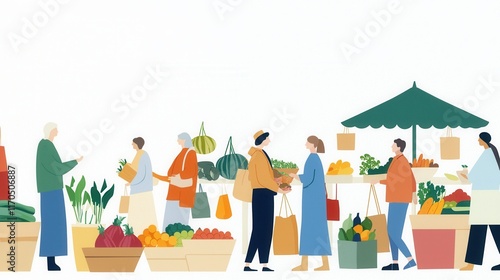 Busy Farmers Market Scene with Local Produce and Homemade Goods, a Vibrant Community Gathering in a Colorful Setting