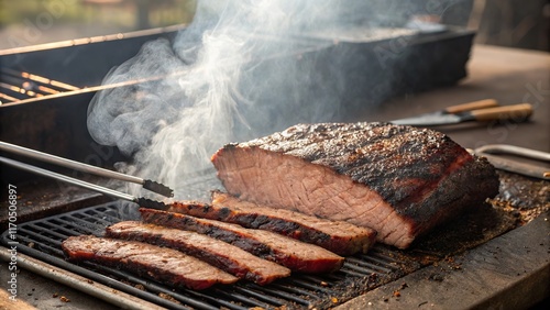 Perfectly smoked brisket resting on the grill with a smoky char waiting for the next bite of flavor and tenderness