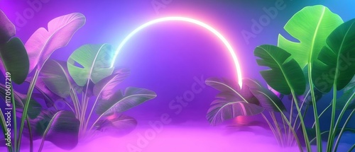 Vibrant neon landscape with plants, featuring a glowing rainbow arc against a colorful misty background. Abstract beauty.