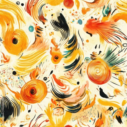 Dynamic watercolor doodle art with swirling patterns and vibrant colors depicting abstract forms and movements photo