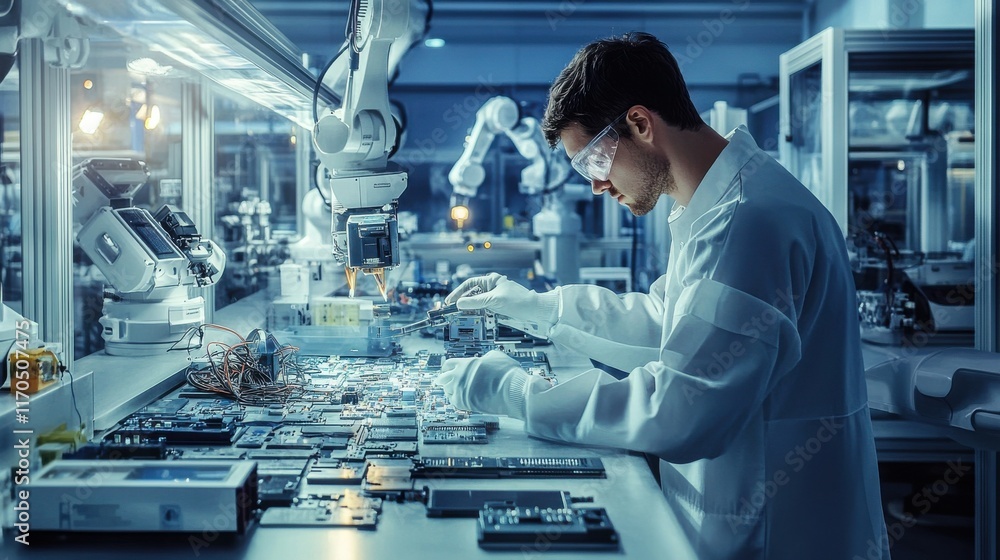 Worker engaged in assembly tasks in a high-tech industrial facility during evening hours Worker engaged in assembly tasks in a high-tech industrial facility during evening hours