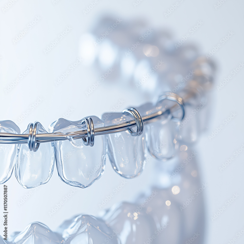 Close-up of an orthodontic archwire attached to brackets on a solid light background