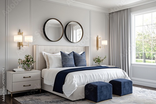 Elegant modern bedroom design with stylish decor, comfortable bed, and soothing color palette