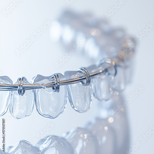 Obraz na płótnie Close-up of an orthodontic archwire attached to brackets on a solid light background w salonie