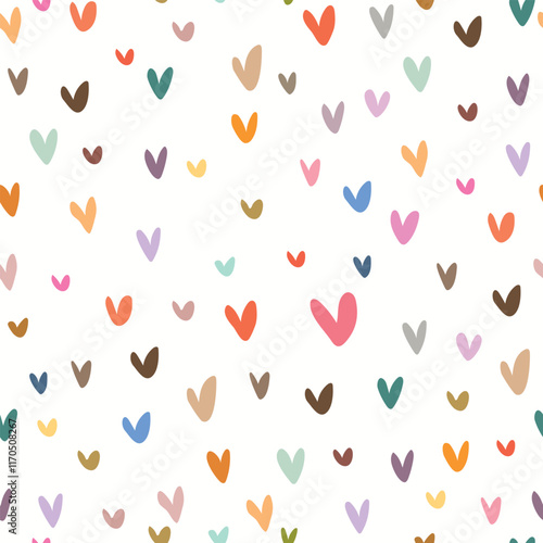 Seamless pattern with colorful hearts on white background. Hand drawn hearts pattern for fabric wrapping paper, wallpaper , card, Valentine's Day.