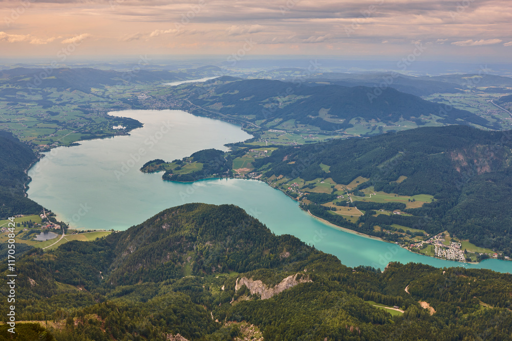Attersee lake from Alpine range in Salzburg region. Austria highlight