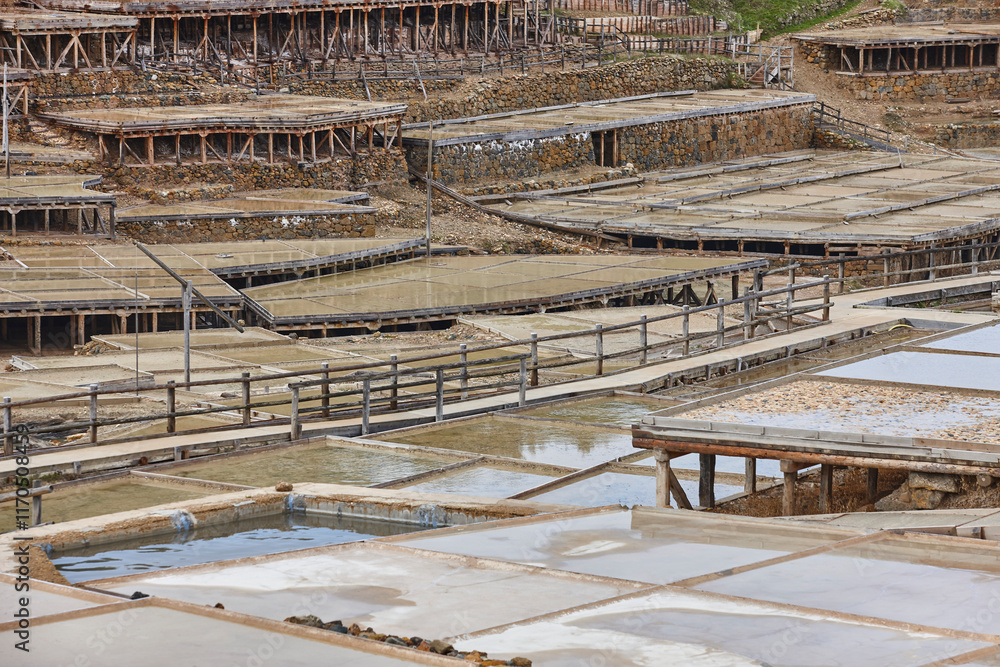 Antique salt terrace platforms in Basque Country. Salinas de Anana