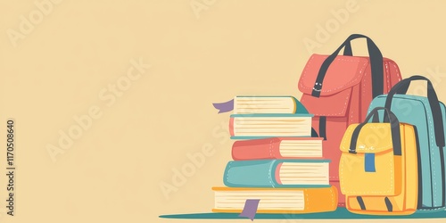 Illustration of a school orientation flyer with books and backpacks in the design.