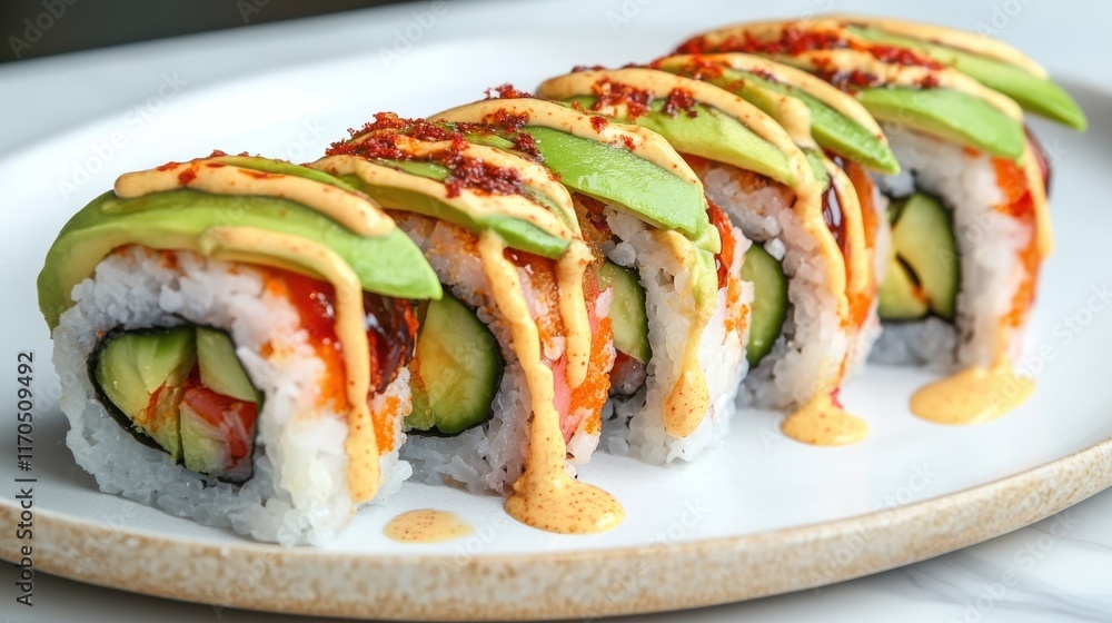 Sushi roll with avocado and spicy mayo Sushi roll with avocado and spicy mayo