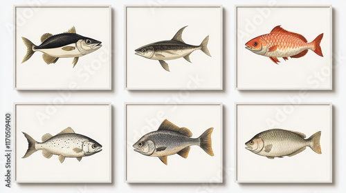 Fish posters set for seafood or fish food market. Vector brochure template design of sea fishing or fisherman big catch of tuna, eel or flounder and salmon, pike or mackerel and herring or carp