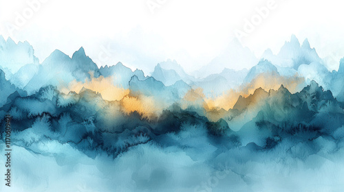 Abstract blue and gold misty mountains.