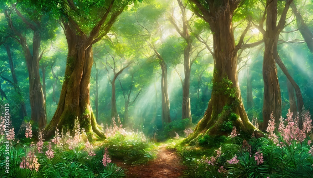 A Captivating Journey Through an Enchanted Forest A Digital Painting of Majestic Trees and Lush Vegetation, Where Imagination Meets Natures Splendor in a Whimsical Fairytale Setting A Captivating Journey Through an Enchanted Forest A Digital Painting of Majestic Trees and Lush Vegetation, Where Imagination Meets Natures Splendor in a Whimsical Fairytale Setting