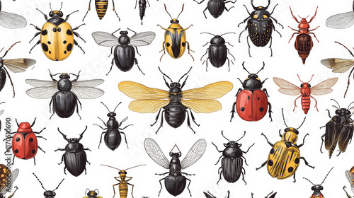 Colorful insect animals seamless pattern. Coccinellidae or ladybug, lady beetle and dragonfly, lucanus cervus and wasp or bee, araneus orb spider and wood ant, grasshopper and stag beetle photo