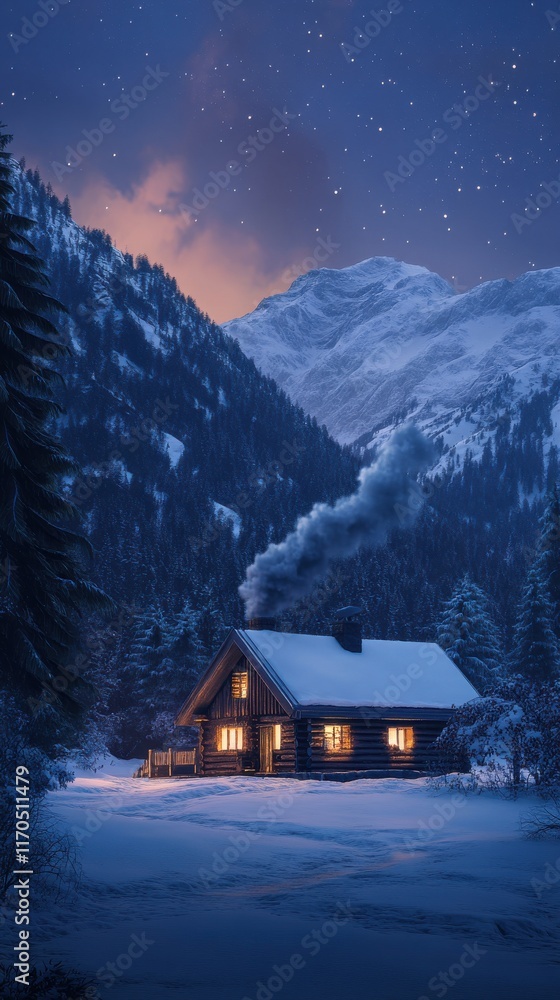 Winter evening in a cozy cabin at the foot of a snowy mountain with a starry sky Winter evening in a cozy cabin at the foot of a snowy mountain with a starry sky