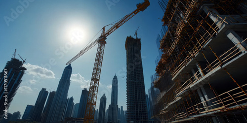 A stunning perspective of a construction site showcasing tall cranes and skyscrapers against a bright blue sky, symbolizing the rapid urban development of modern cities. #1170511667